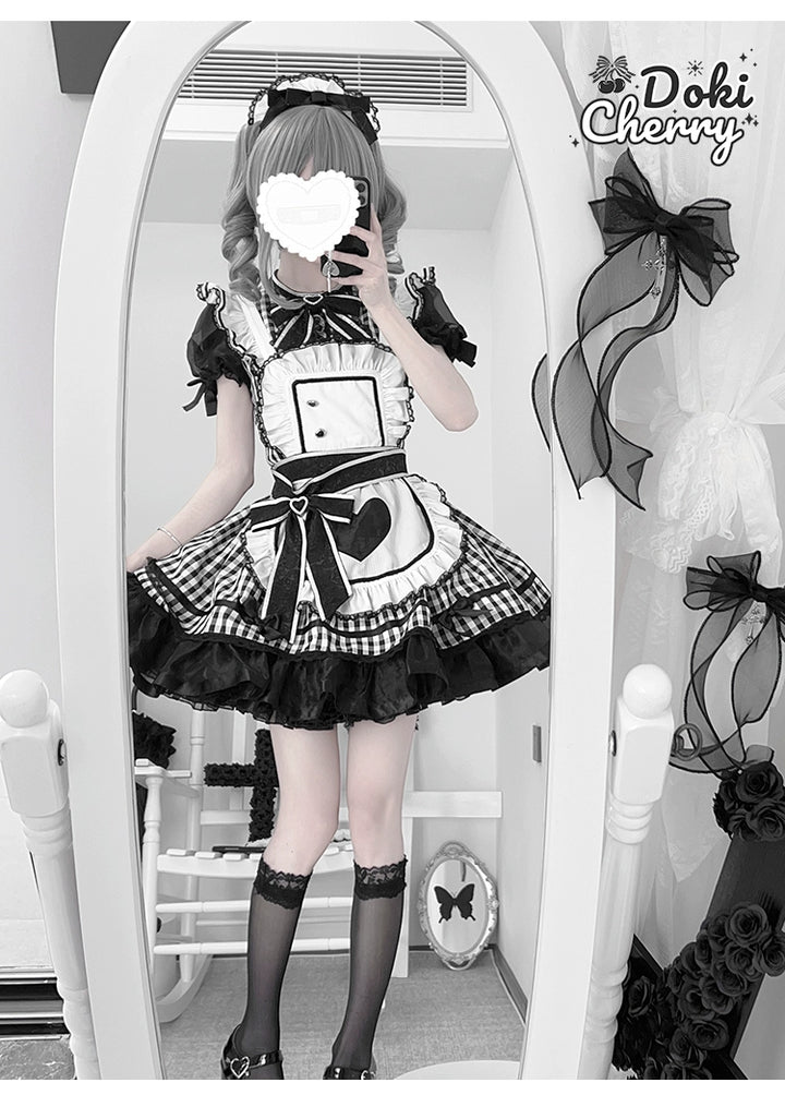 Plaid Jirai Kei OP Dress in Maid Style with Removable Apron 43004:763158