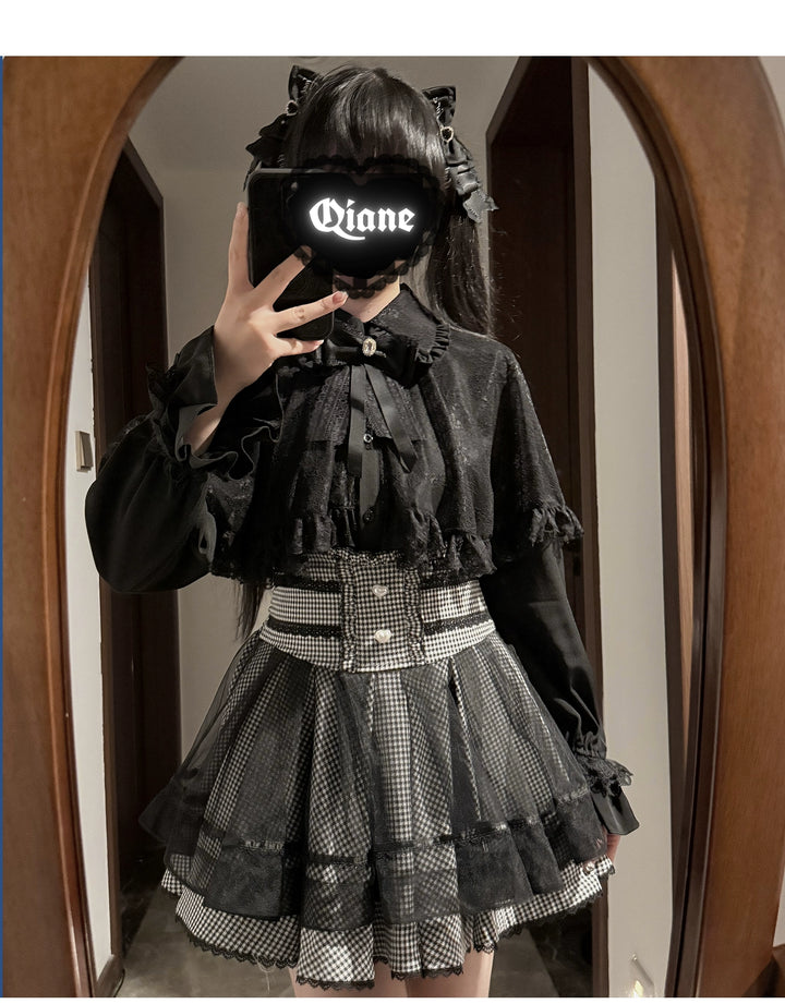 Jirai Kei Lace-cape Blouse, High-waist Skirt Outfit 43933:790387