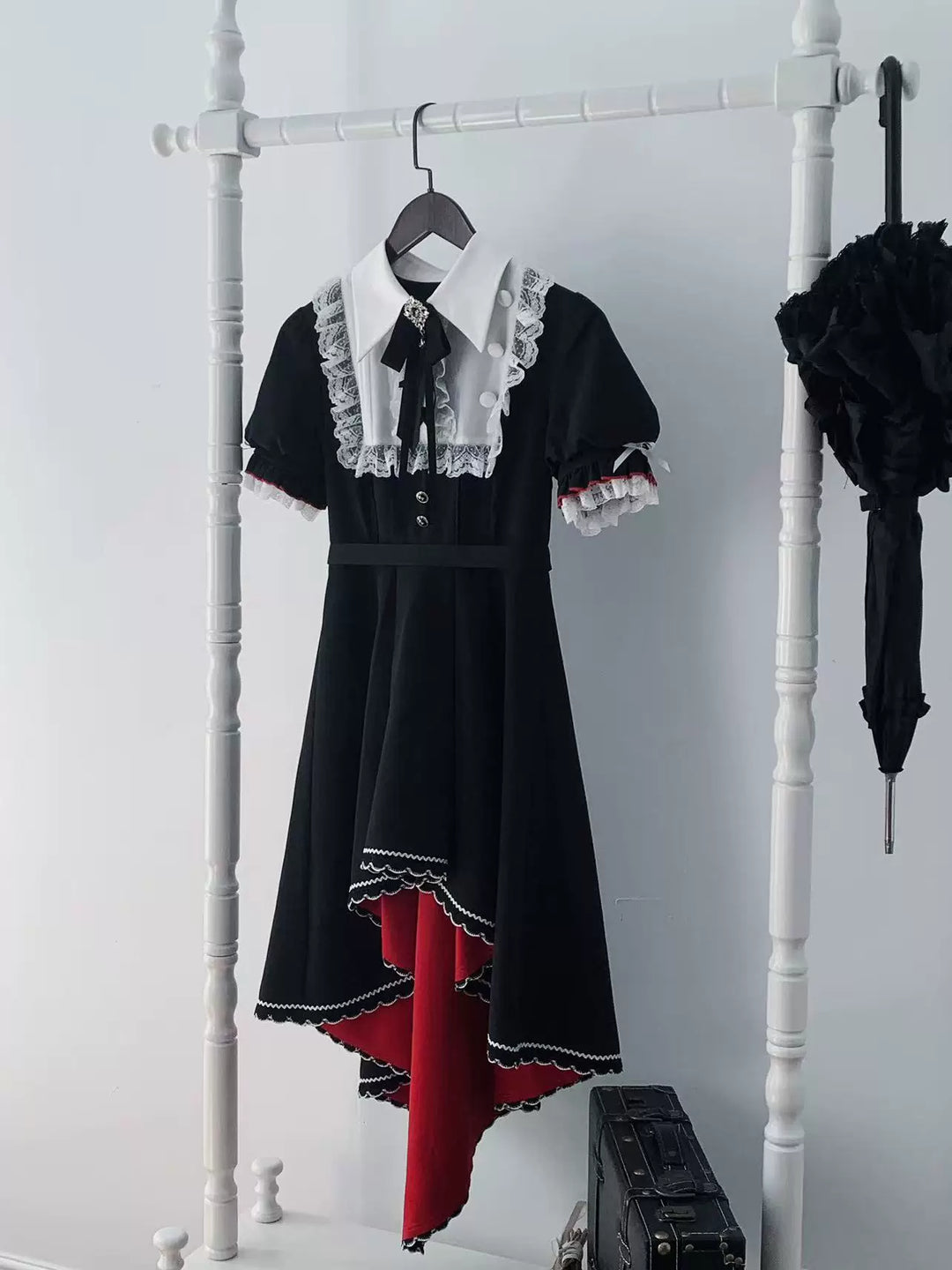 Gothic Style Lace Trim Dress, High-Low Hem (L M S) 45334:848908
