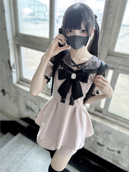Jirai Kei Dress Set Pink Black Open-Shoulder Winged Collar Dress (L M) 37660:577998
