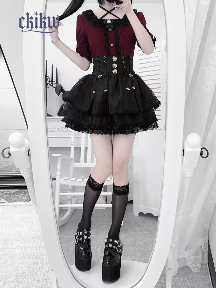 Lace Square Neck Jirai Kei Blouse, Detachable Rhinestone Bow 43611:780661
