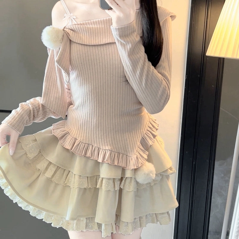 Open-Shoulder Tenshi Kaiwai Sweater, Tiered Ruffles Skirt (L M S) 43775:786746
