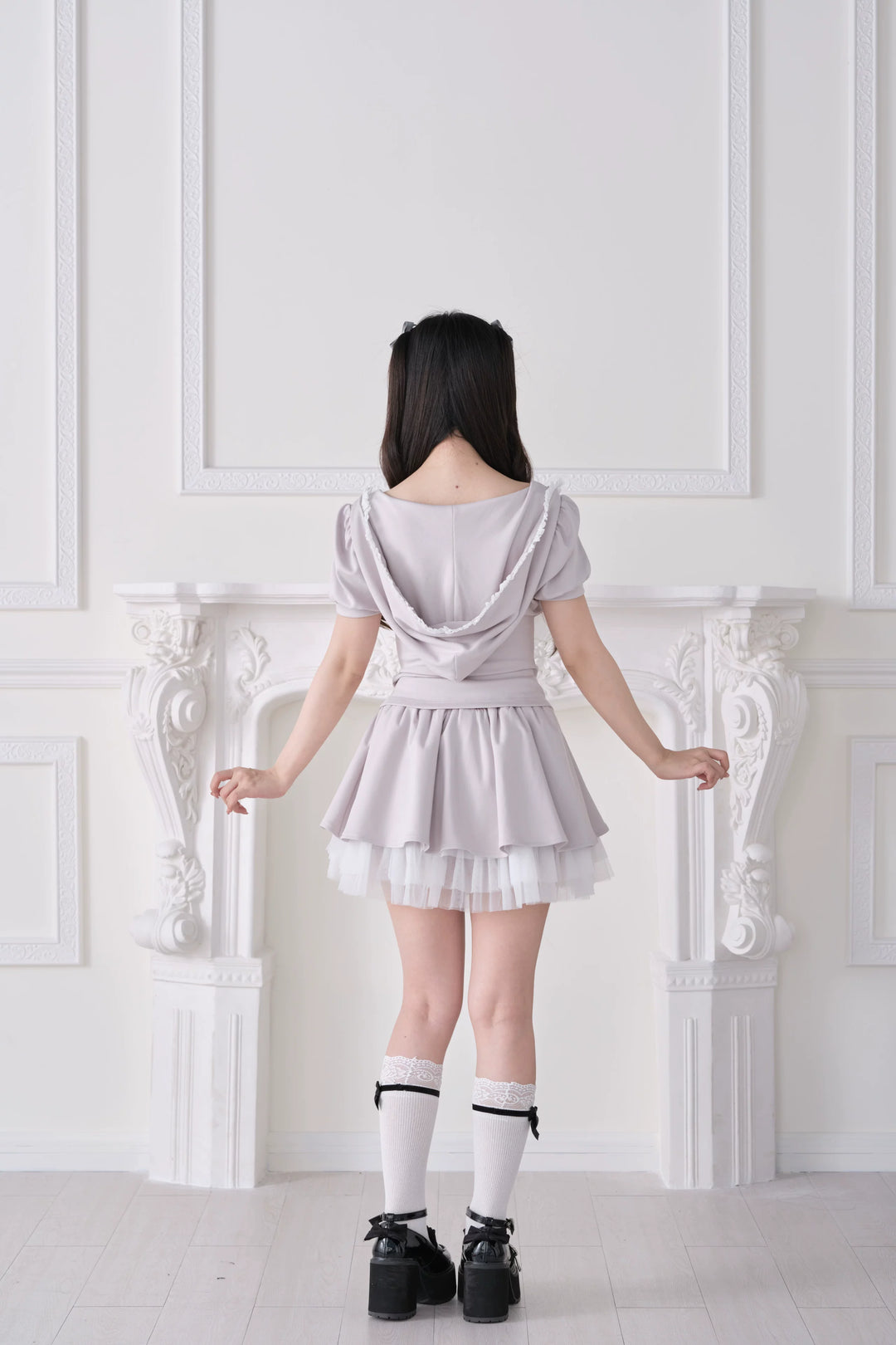 Jirai Kei Hoodie Top & Skirt Set, Tulle Hem 44941:829940