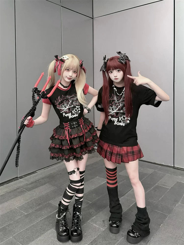 Punk Strawberry and Chain Print T-shirt, Red Plaid Skirt 45365:851401