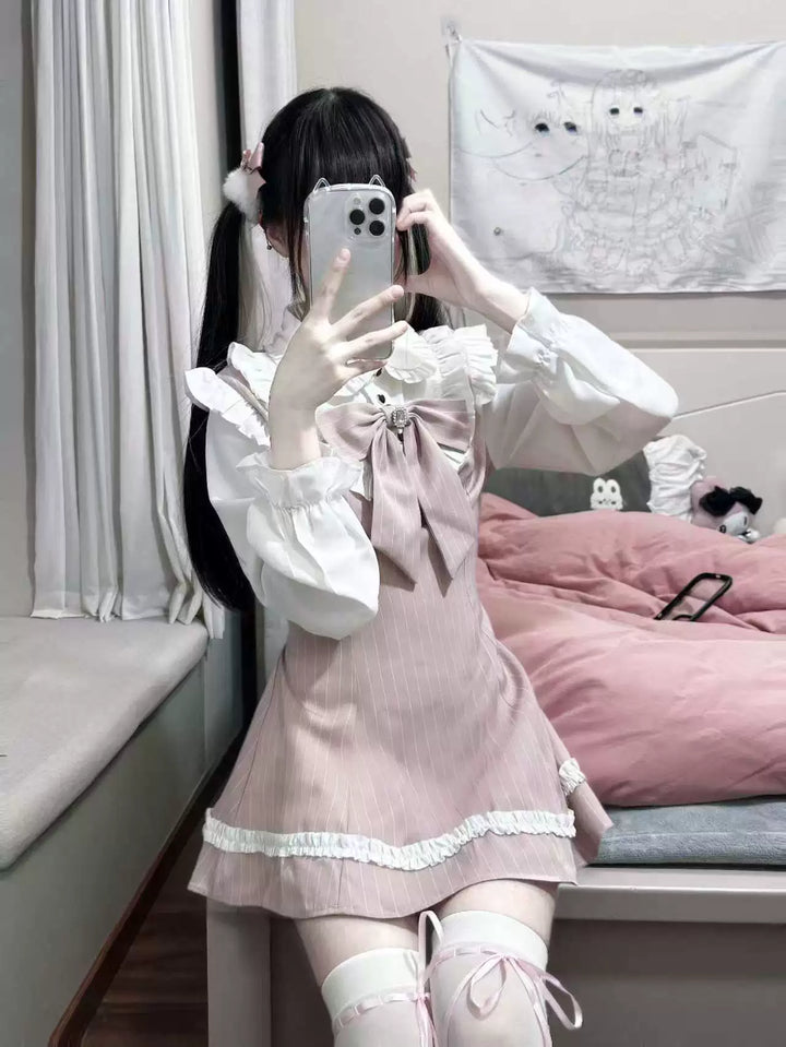 Pink Striped Jirai Kei Dress, Mock Two-Piece 44892:826619