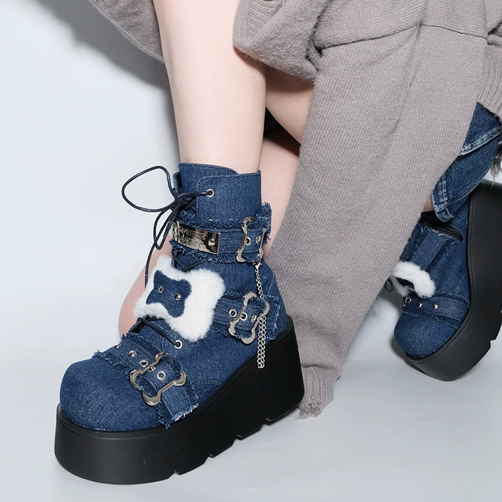 Subculture Shoes Bone Round Toe Platform Denim Martin Boots 40324:656228