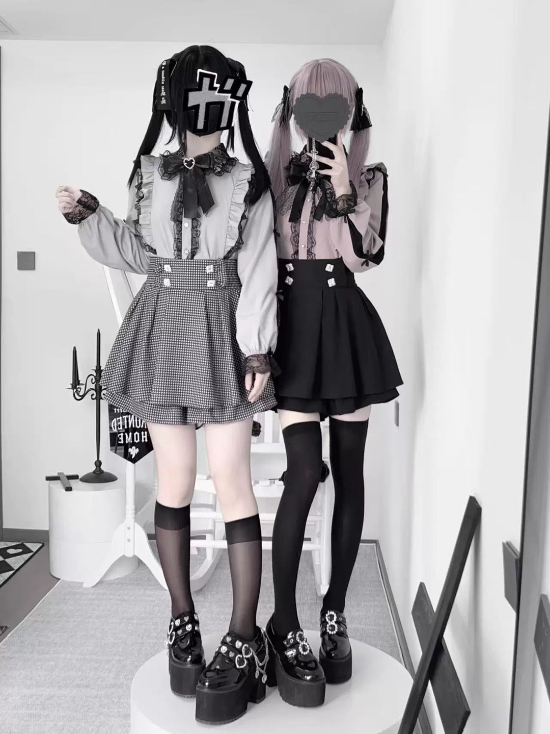 Jirai Kei Lace Blouse Outfit, High-Waist Skirt (L M S) 43813:789585