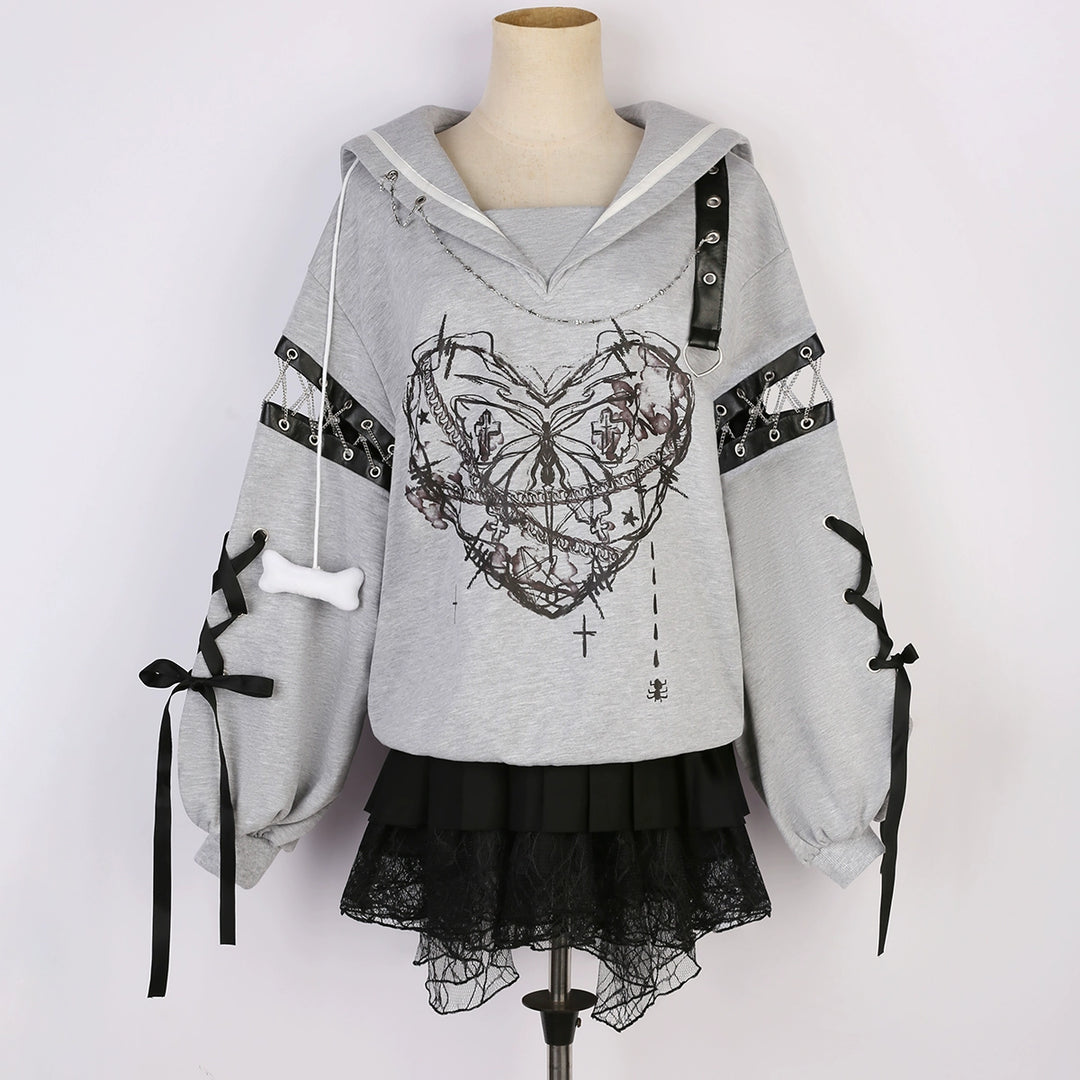 Jirai Kei Outfit Set Gothic Sailor Collar Hoodie Skirt Set (L M S) 35762:517376