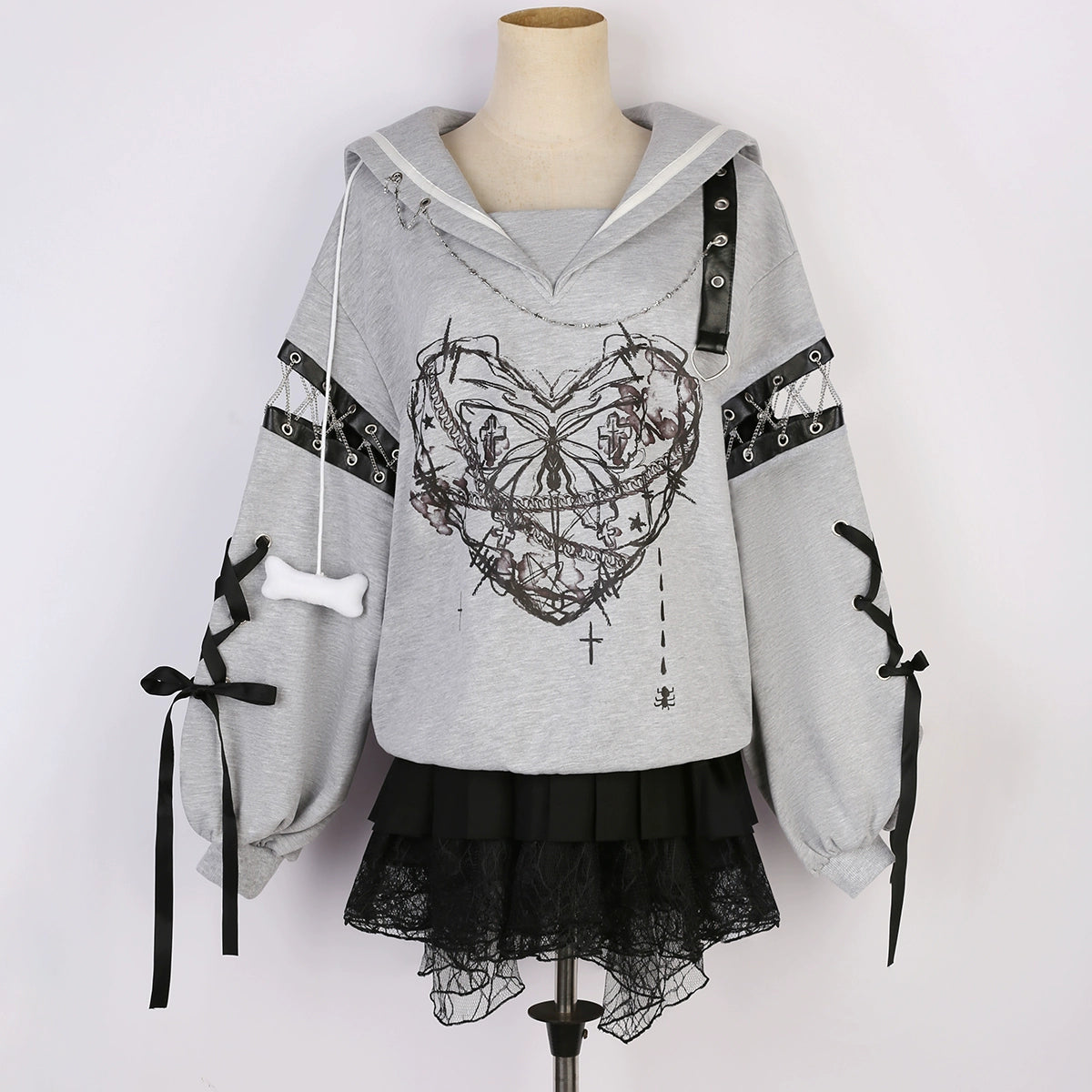 Jirai Kei Outfit Set Gothic Sailor Collar Sweatshirt Set (L M S) 35762:517376