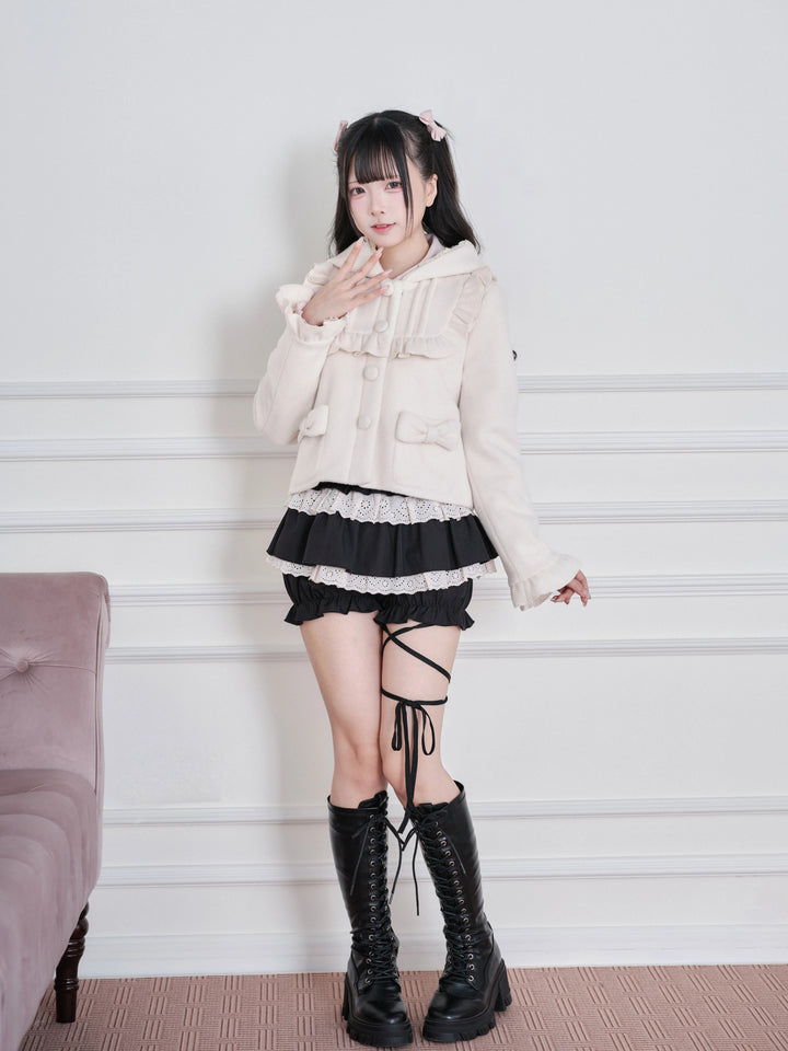 Ryousangata Hooded Solid Coat, Ruffled Neckline 45955:870326