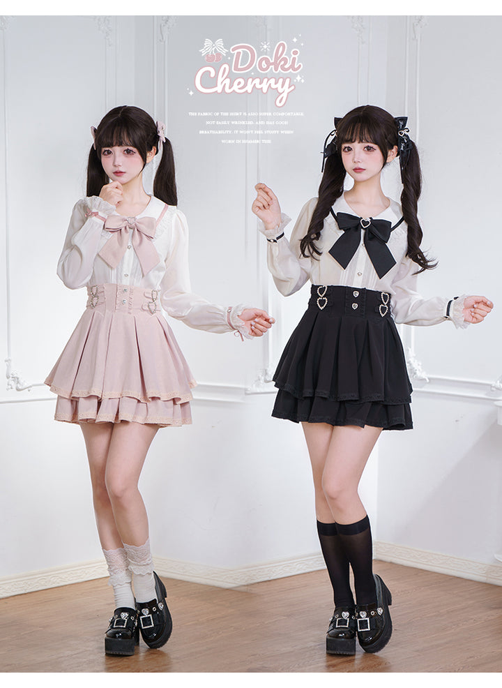 Jirai Kei Outfit A-Line Skirt and Long-Sleeved Blouse with Rhinestone Bow 42520:744261