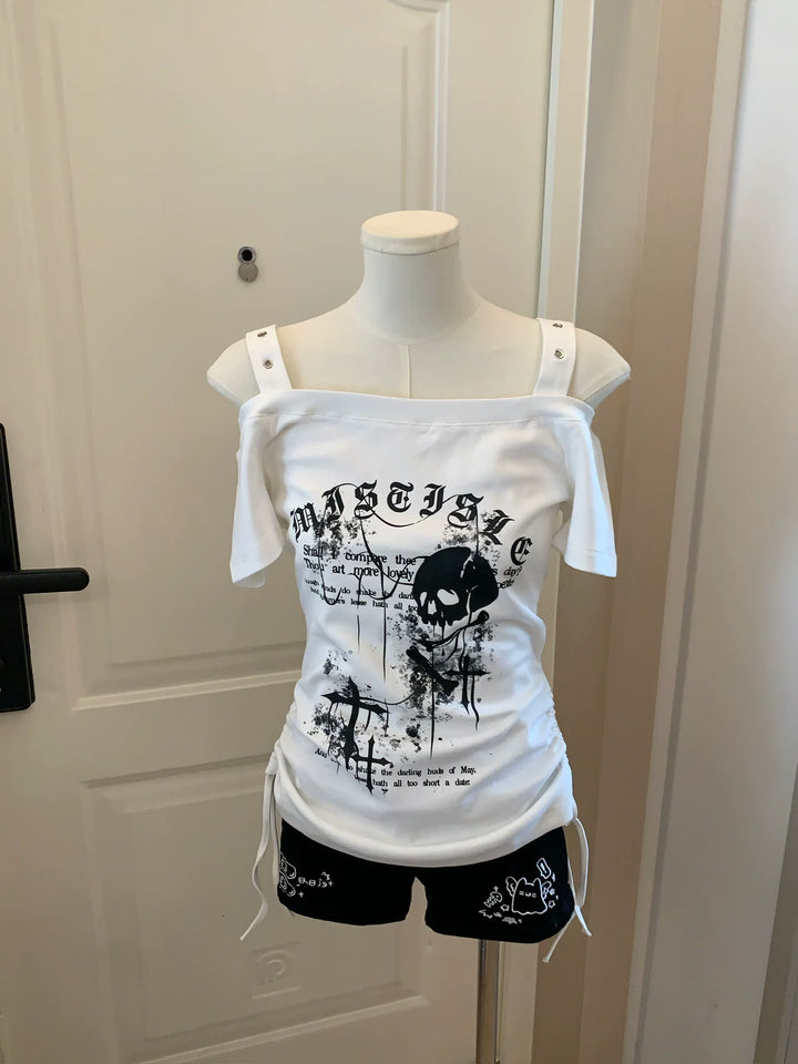 Subculture Skull Printed T-Shirt, Side Drawstring 45643:858218
