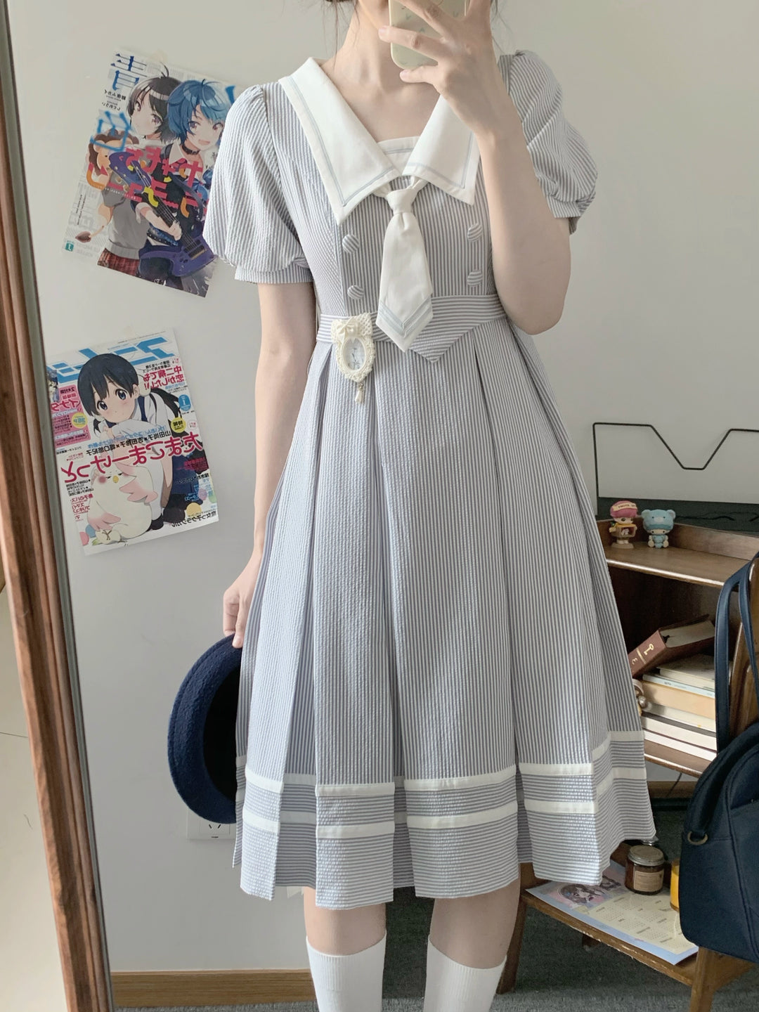 Summer JK Uniform Striped Dress, Sailor Collar 43627:781369