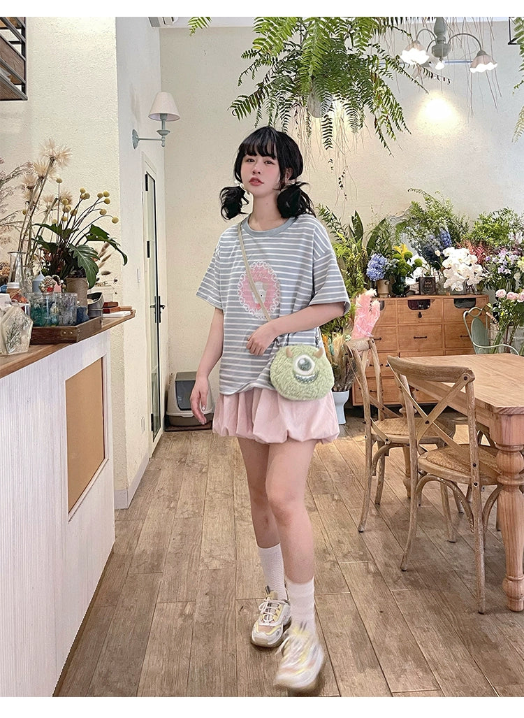 Kawaii Aesthetic Shirt Striped Short Sleeve Cotton Top 36562:518576