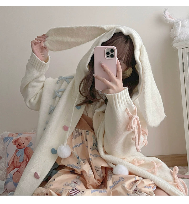 Kawaii White Pink Blue Cardigan Bunny Ears Sweater Coat 22658:345258 22658:345258