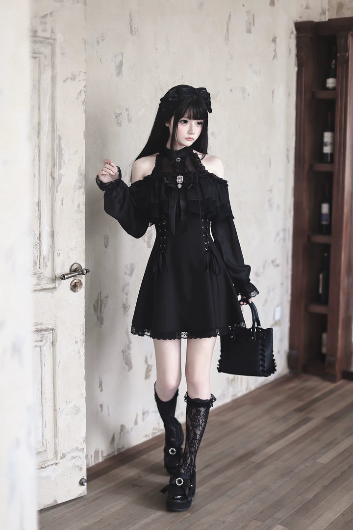 Black Seiso Kei Lace Long Sleeve Dress, Sheer Neckline 45806:863258
