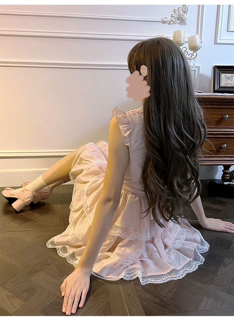 Sweet Style Lace Trim Dress, Tiered Ruffles 43546:779182