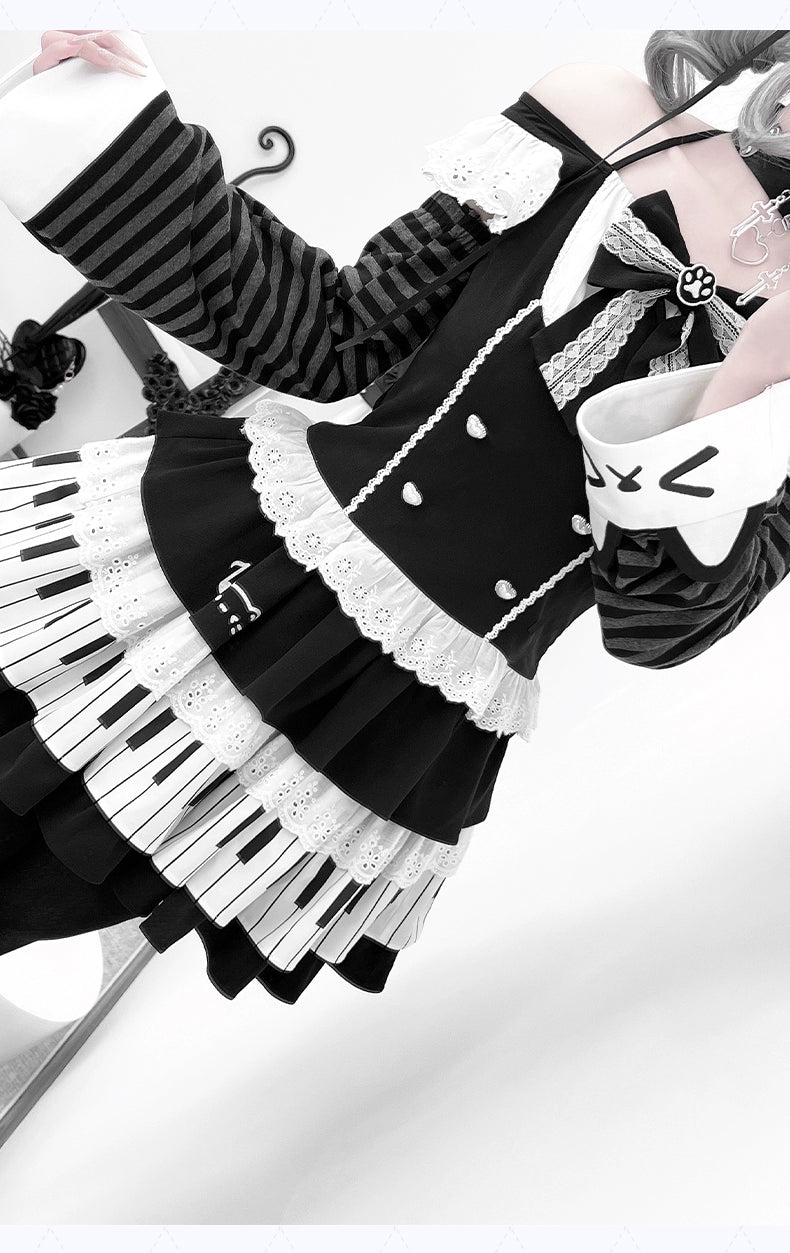 Halter Neck Kawaii Skirt Set, Cat and Piano Print 43577:780192
