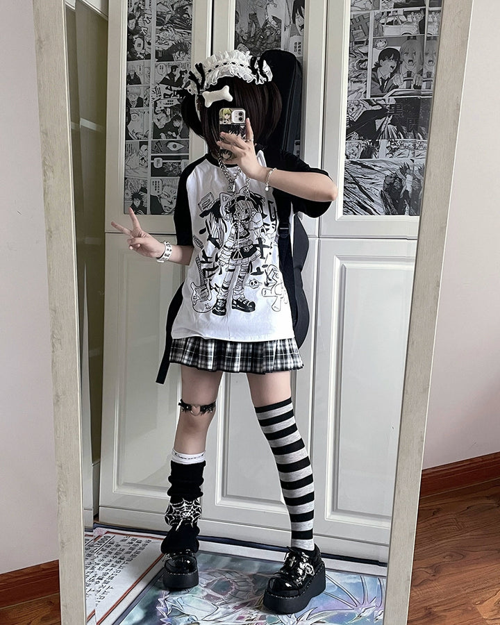 Subculture Shirt Black White Raglan Sleeve T-shirt Anime Top 37742:579332