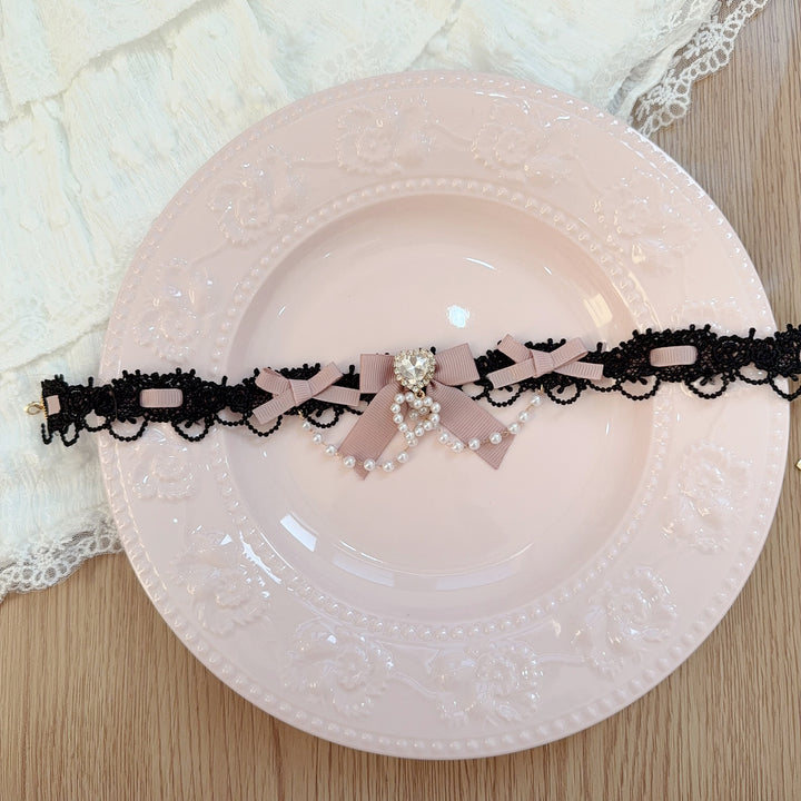 Jirai Kei Lace Choker, Heart Shaped Rhinestone 44953:832980