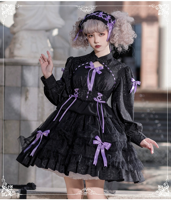 Classic Lolita Dress With Tieried Skirt Hem And Bows Detail 32086:381918