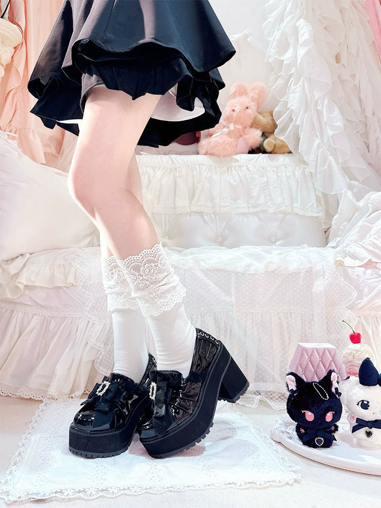 Black/White Jirai Kei Platform High Heel Shoes, Lace Bow 45952:873000