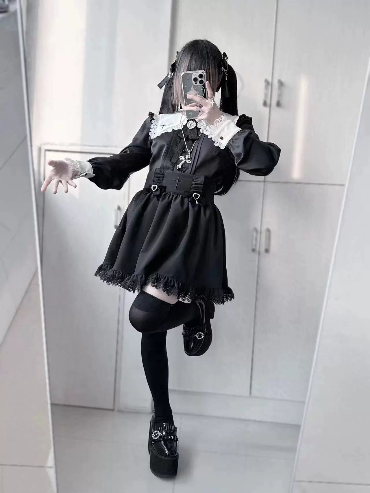 Jirai Kei Set Black Pink Sailor Collar Blouse Cross Skirt 37666:564492