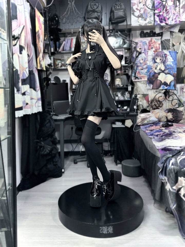 Jirai Kei Dress Sailor Collar Black Dress Slim Fitting Dress Set 38730:599320