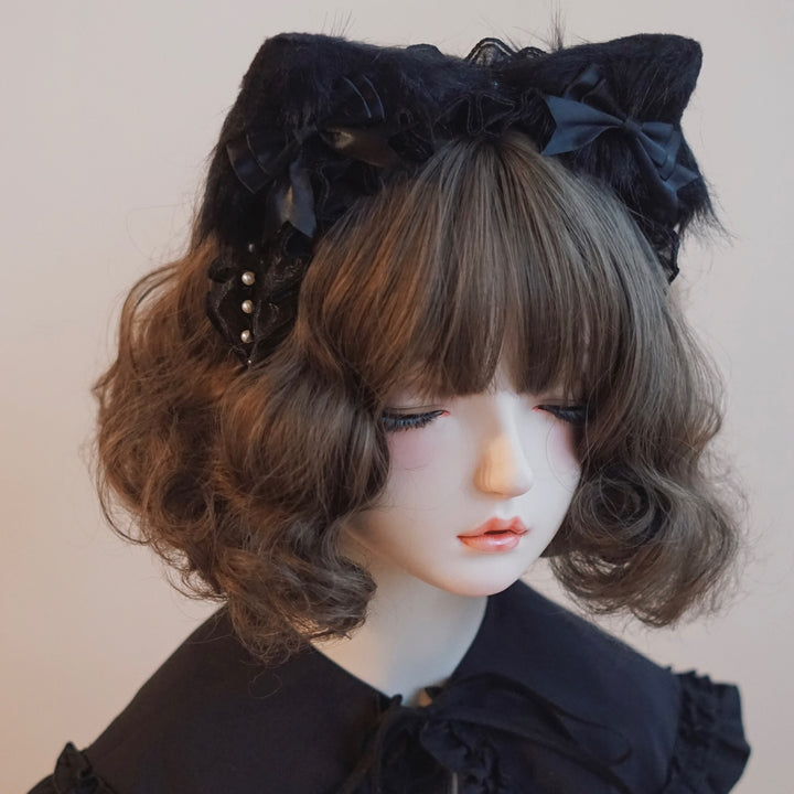 Lolita Headwear Handmade Cat Ears Hairband Black White Bow 28946:332816 28946:332816