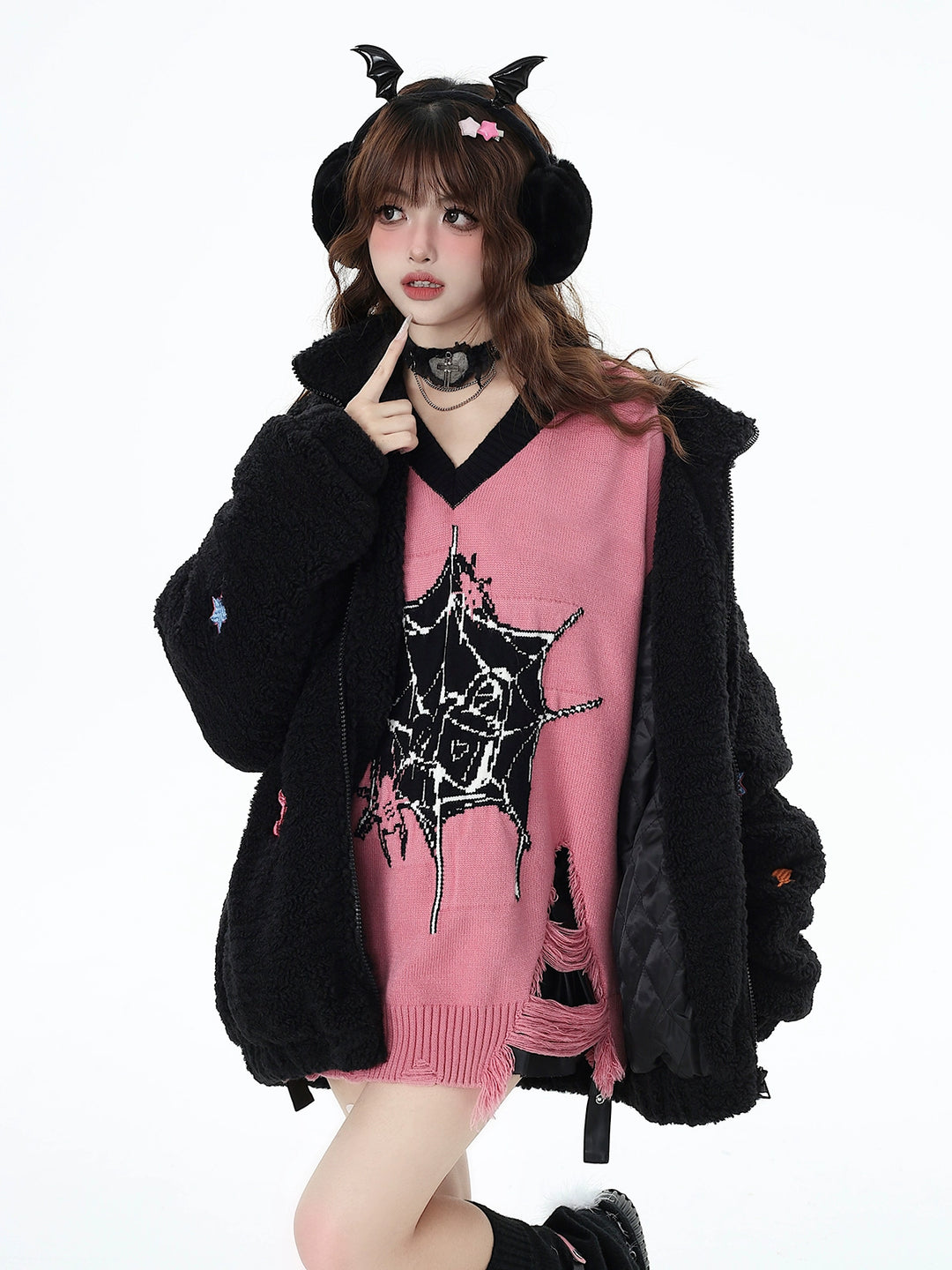 Black Pink Sweater Star Knit V-neck Pullover Sweater 32462:423412