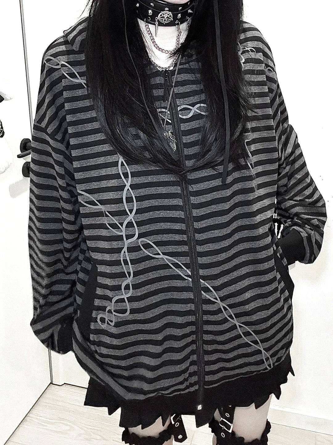 Gothic Striped Zip-Up Hoodie, Cotton for Summer 45270:844653