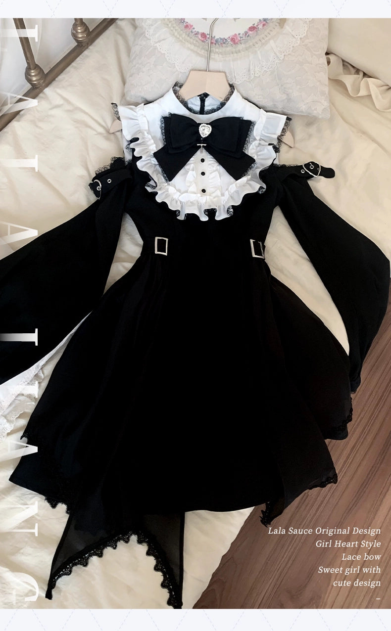 Gothic Open Shoulder Dress, Detachable Collar Bow 43655:782389