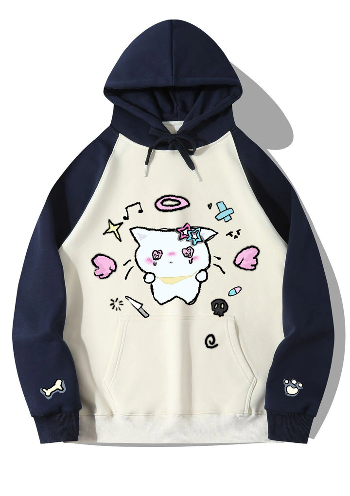 Tenshi Kaiwai Hoodie Cat Print Raglan Sleeve Sweatshirt (L M) 34004:611478