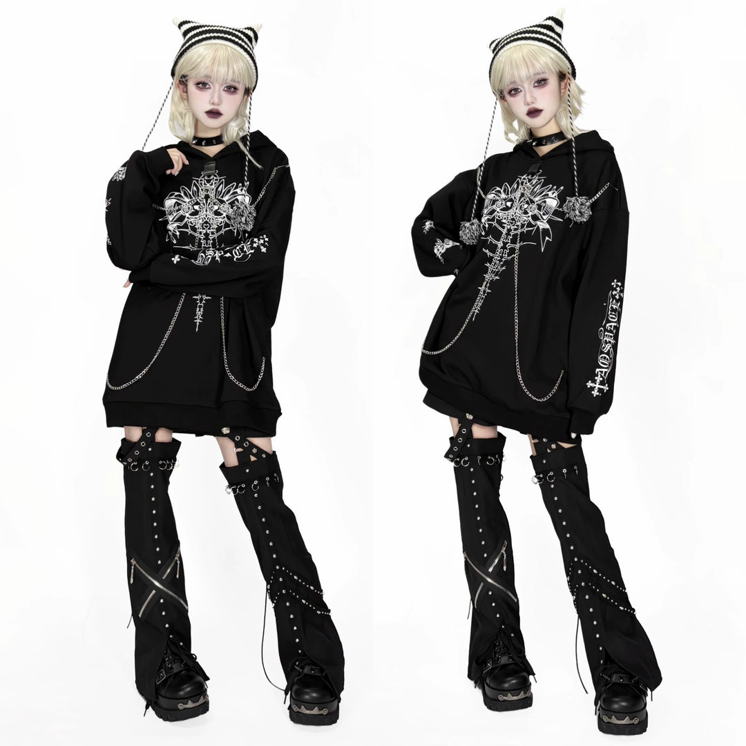 Jirai Kei Hoodie Gothic Sweatshirt Soul-Devouring Rabbit Bone Printed 42150:728625