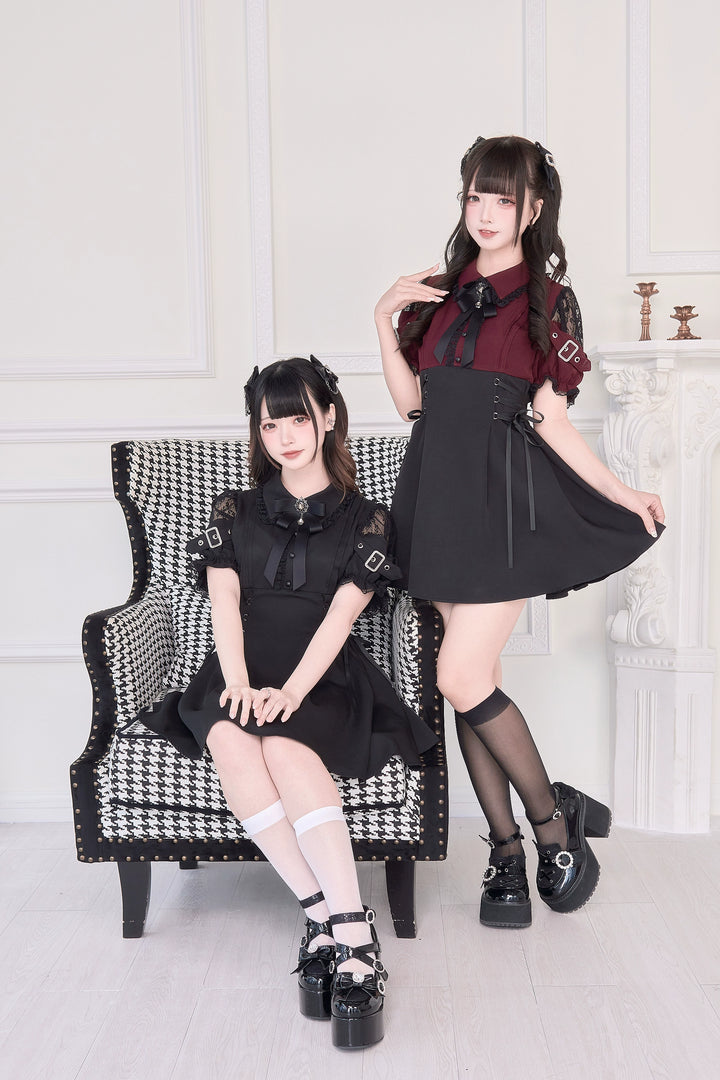 Lace Shoulder Jirai Kei Dress, Pleated Skirt 43534:779079
