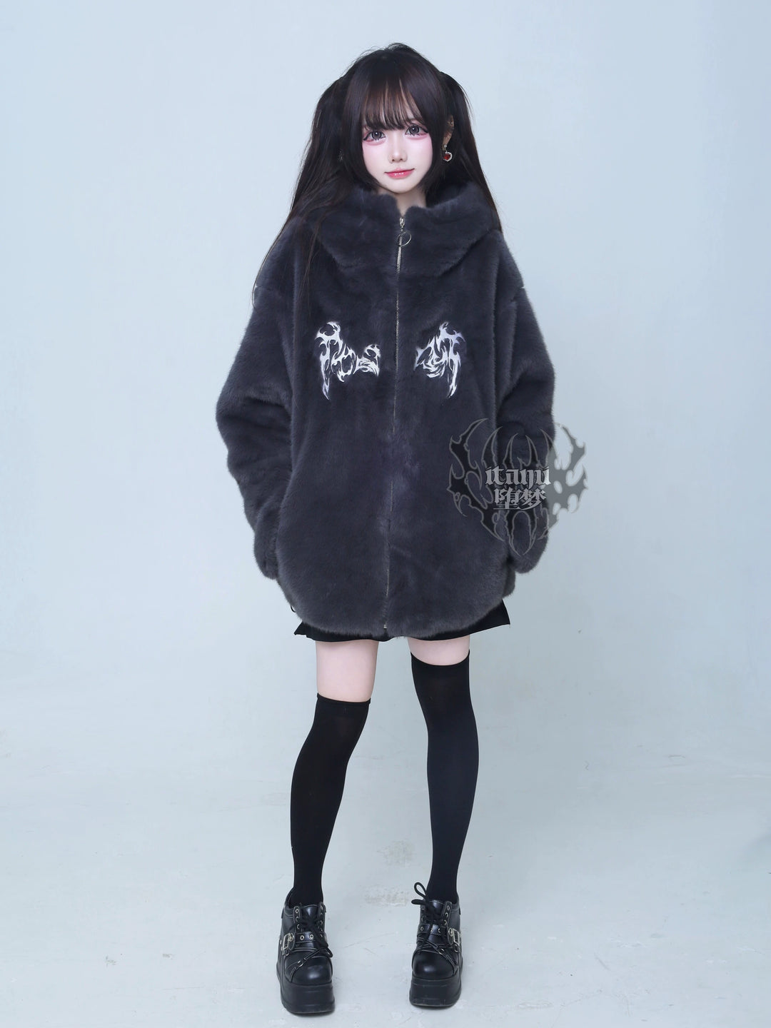 Gothic Gray Faux Fur Coat, Oversized 44519:812182