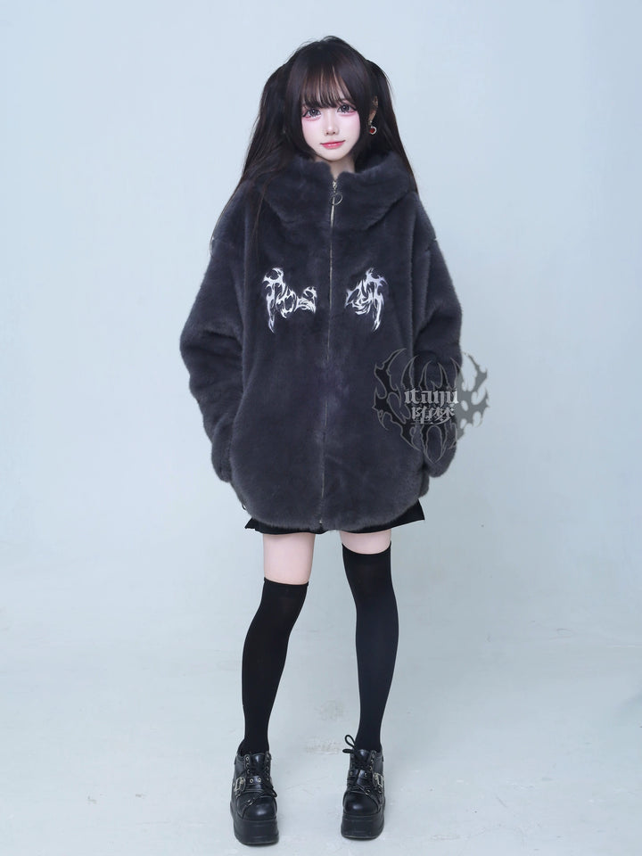 Gothic Gray Faux Fur Coat, Oversized 44519:812182