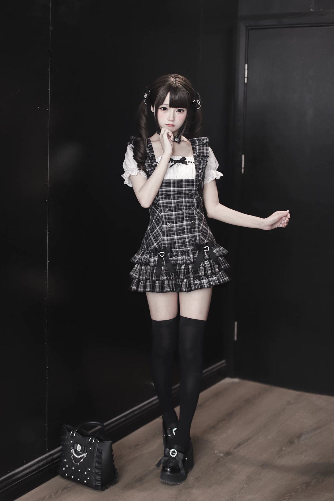 Jirai Kei Black Plaid Dress Set, Heart-Shaped Rhinestone 45004:834482