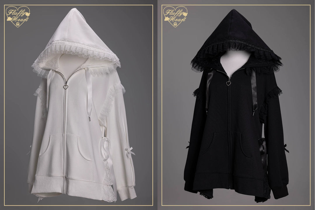 Lace-Trim Hoodie Coat, Side Pocket 45227:842231