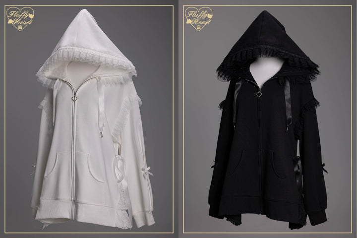 Lace-Trim Hoodie Coat, Side Pocket 45227:842231