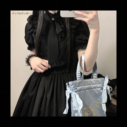Jirai Kei Blouse Sweet Lace Butterfly Tie Shirt Short Sleeve Top (Preorder / Black) 35382:522538