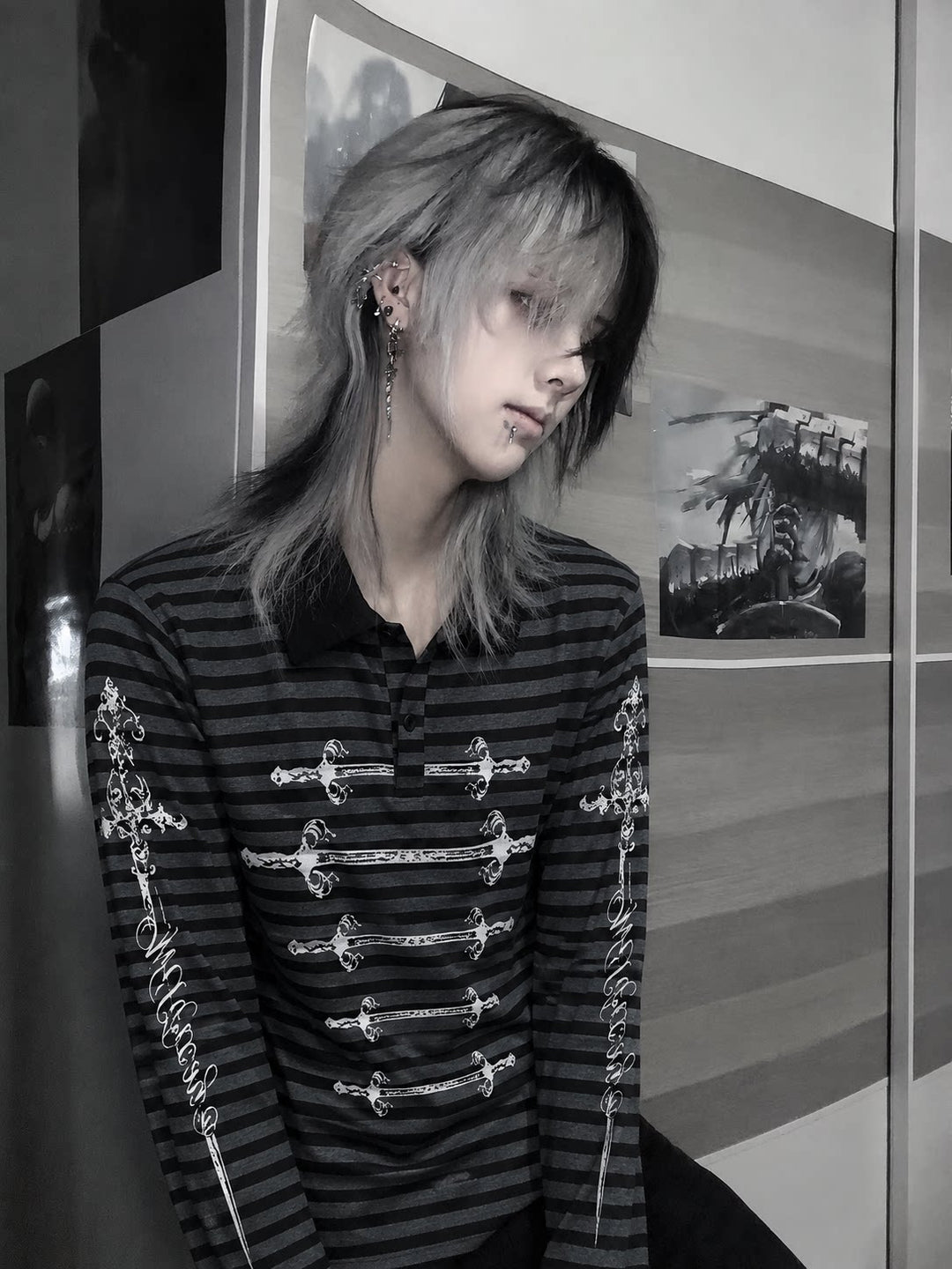 Gothic Striped Long Sleeve Polo Shirt, Carved Swords Print 46067:874787
