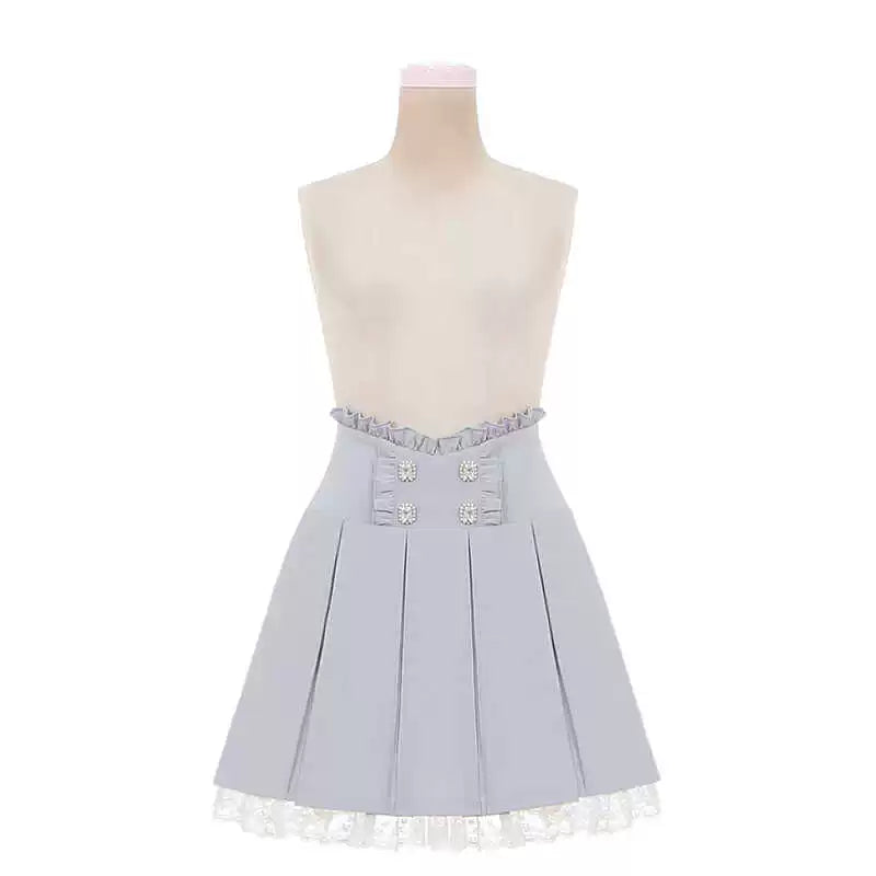 White Jirai Kei Blouse with Ribbon & Blue Pleated Skirt With Elastic Band (L M S) 42979:760037