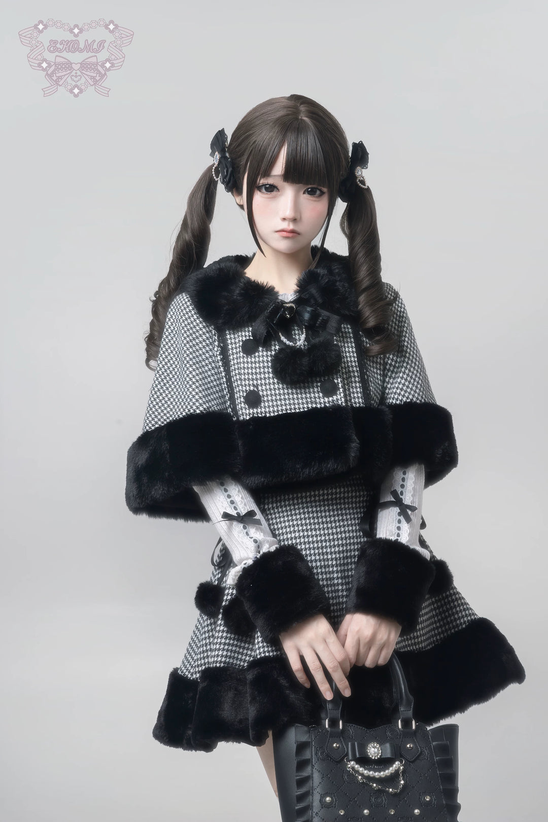 Houndstooth Jirai Kei Plush Cape, High-Waisted Skirt 44591:814684