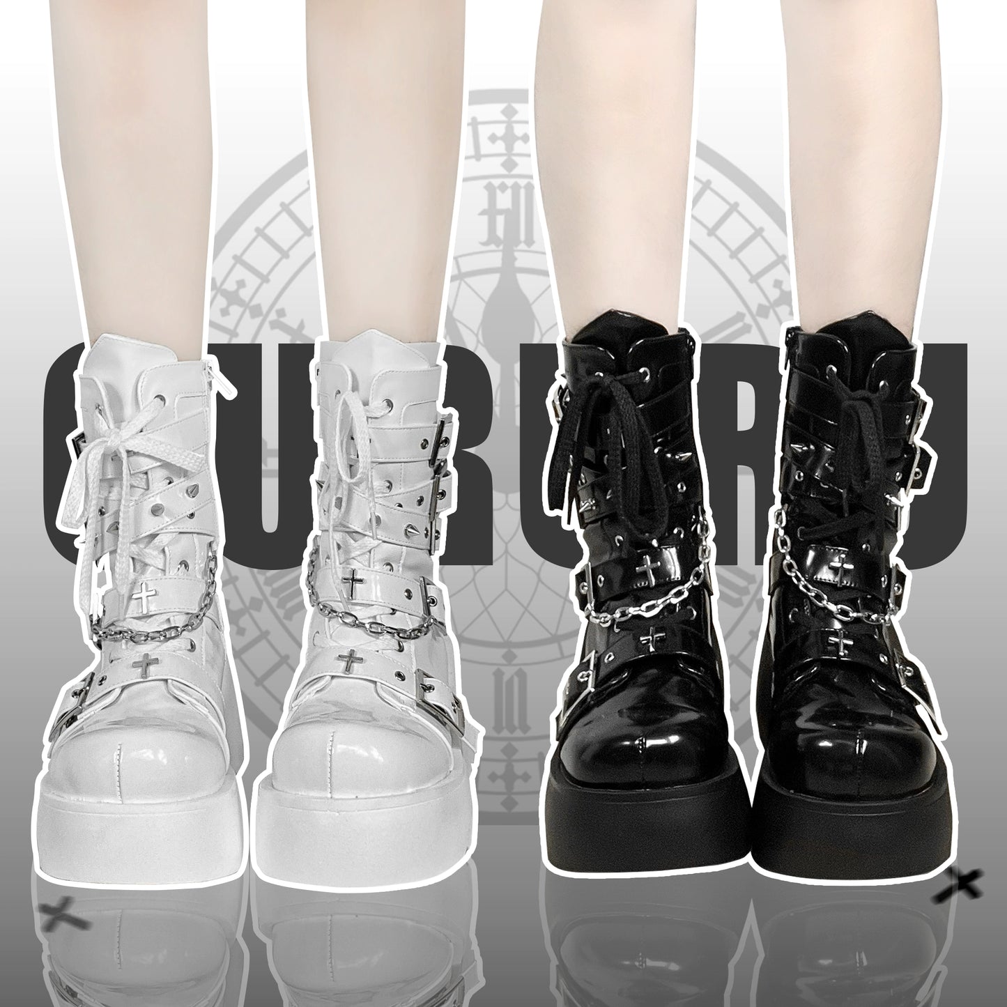 Y2K Spicy Girl Cross Black White Platform Shoes Boots 28962:343914
