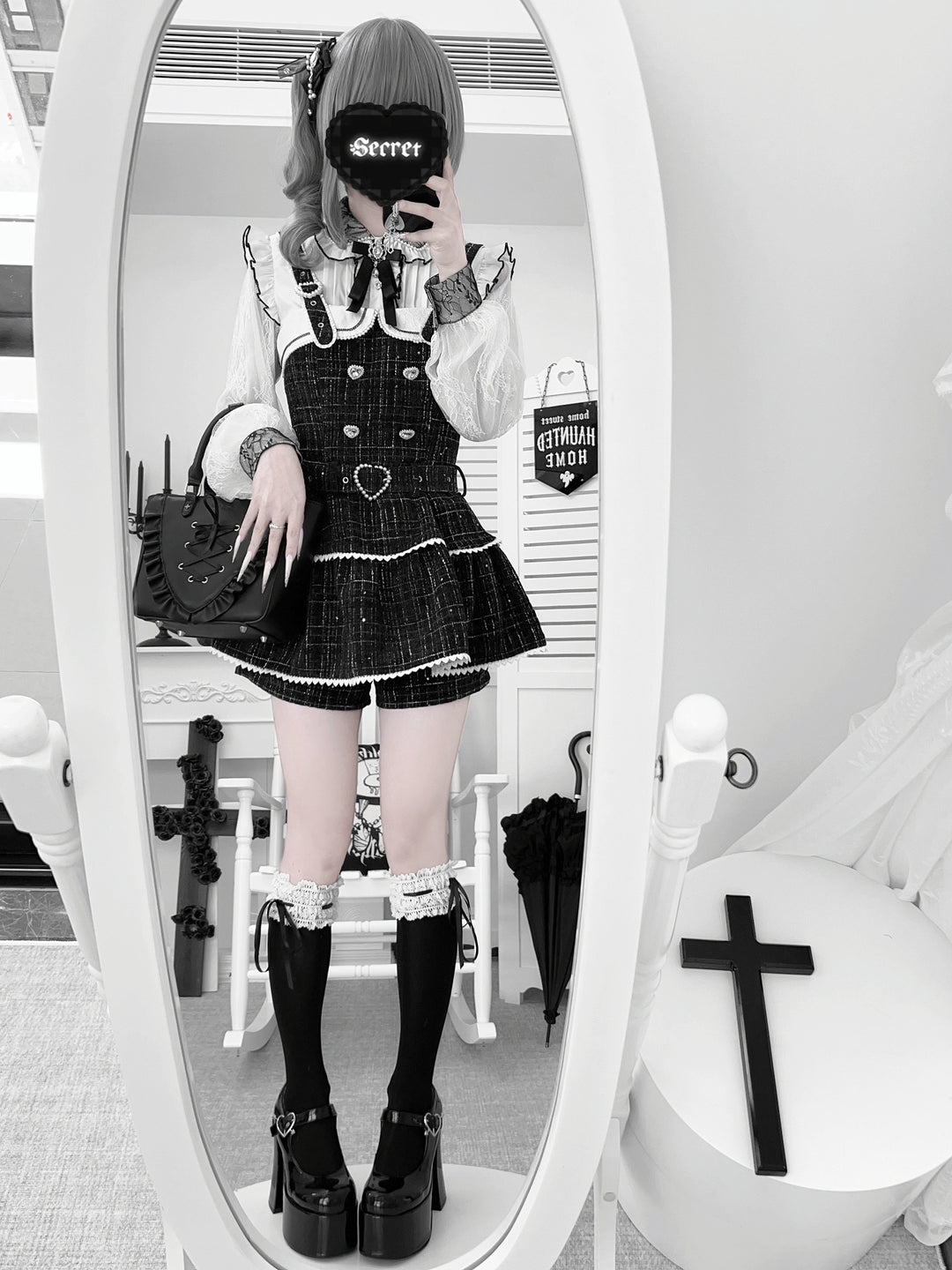 Tweed-like Jirai Kei Suspender Skirt, Matching Shorts 44178:799998