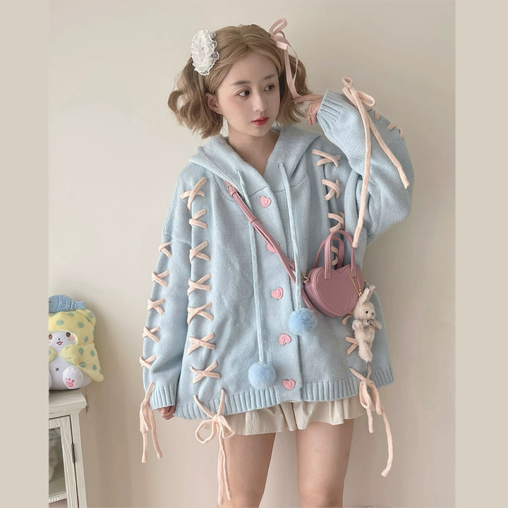 Kawaii White Pink Blue Cardigan Bunny Ears Sweater Coat 22658:345304 22658:345304