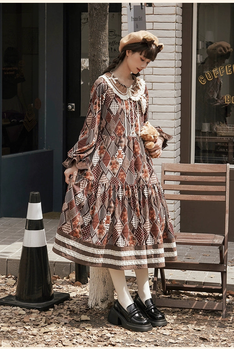 Lolita Dress Bear Embroidered Long Sleeve Dress And Vest 32068:382260 32068:382260