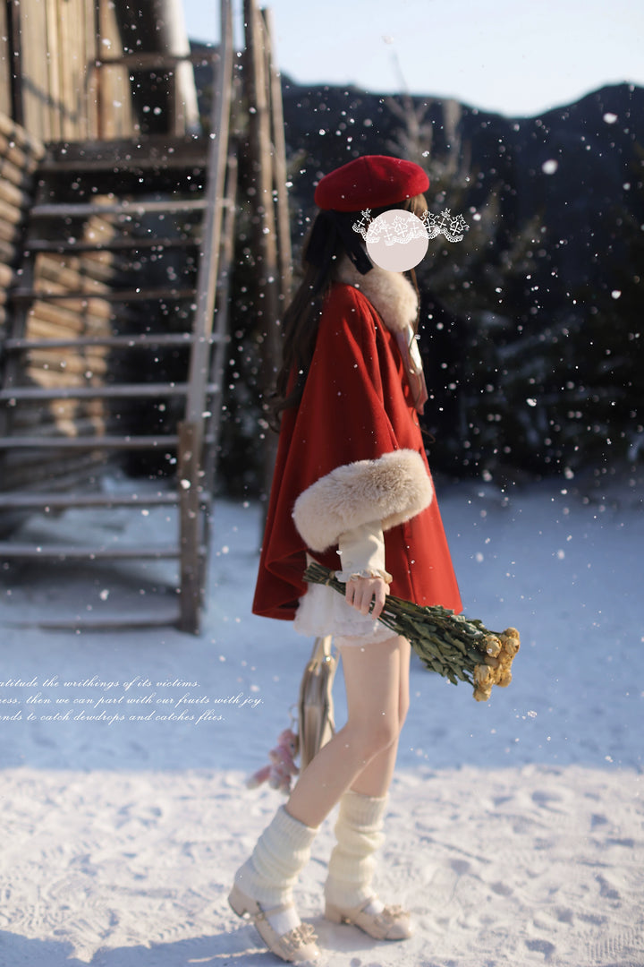 Christmas Woolen Blend Red Cloak, Beige Blouse 44037:793483