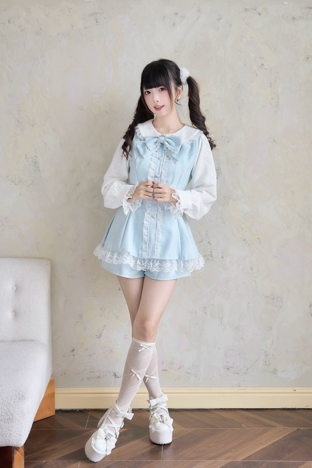 Jirai Kei Dress Set Water Blue Dress And Shorts Set 41436:700038